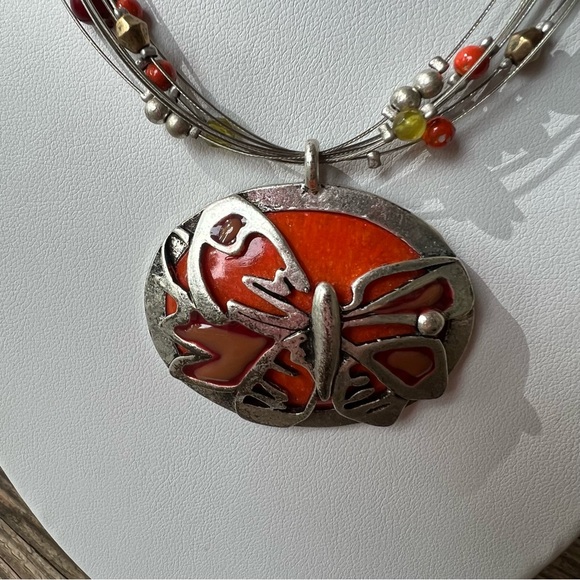 Chico’s Orange Butterfly Silver Metal Wire Beaded Necklace - Picture 3 of 7